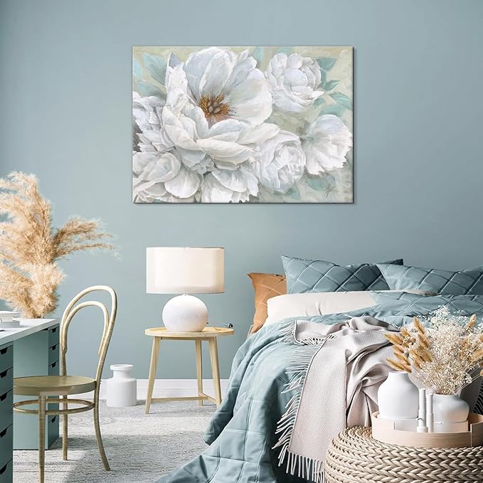 SEVEN WALL ARTS White Flower Canvas Wall Art Modern Blossom Floral Painting Large Abstract Pictures Landscape Print Framed Artwork for Living Room Bedroom Office Home Decor 36"x 24"