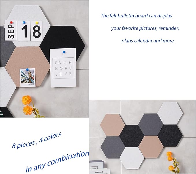 8Pcs Hexagon Felt Cork Board Tiles Self Adhesive Bulletin Board, Pin Board for Wall Decor Memos Photos Display (Set C)
