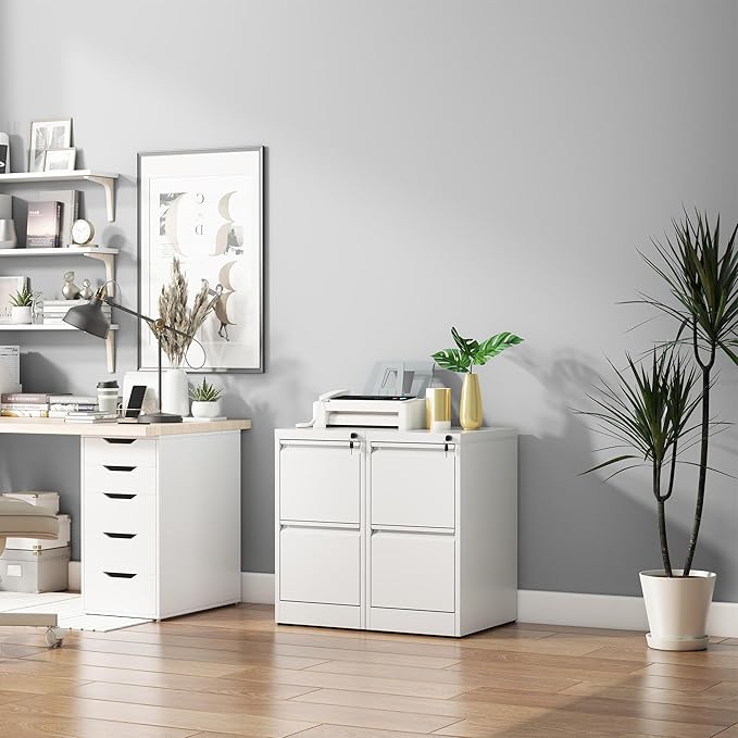 2 Drawer File Cabinet with Lock, Vertical Filing Cabinets for Home Office, Metal Storage Cabinets, Heavy Duty File Cabinet for Letter/Legal/A4/F4 Size Amsseble Required, White