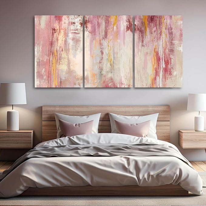 Kureful Large Pink Wall Art Gold Bedroom Decor for Teens Abstract Wall Art for Living Room Canvas Wall Paintings Gold Artwork Pictures for Wall 24"x 36"x 3 Panel