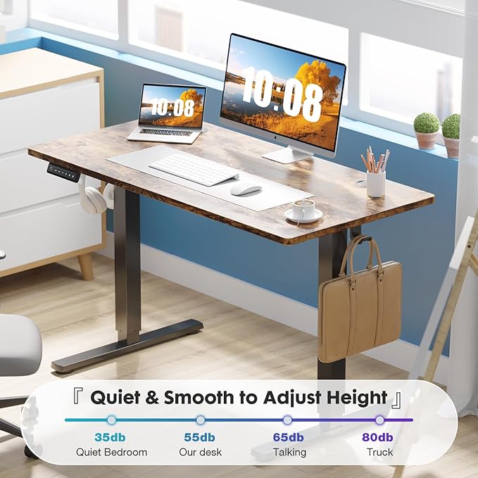 Sweetcrispy Electric Standing Desk Adjustable Height, 48x24 Inch Sit Stand Up Home Office Desks Computer Workstation PC Work Table with 3 Memory Preset Splice Wood Board Metal Frame, Rustic