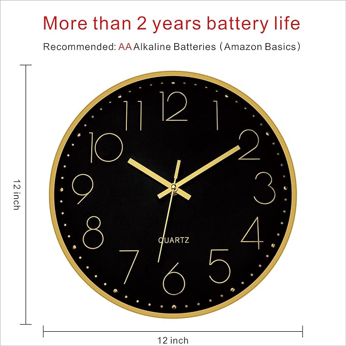 Foxtop Black Gold Wall Clock 12 Inch Silent Non-Ticking Battery Operated Round Quartz Modern Wall Clock for Living Room Kitchen Bedroom Home Office School Decor