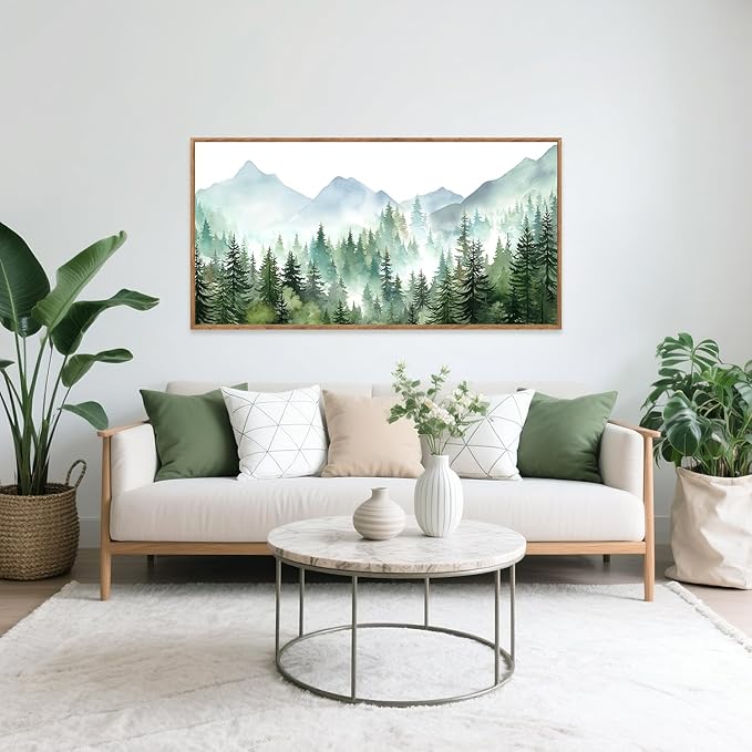 CHDITB Mountain Landscape Framed Canvas Wall Art(40"x20"), Boho Nature Forest Artwork Prints, Large Abstract Modern Green Pine Trees Art Decor for Bedroom Living Room Office