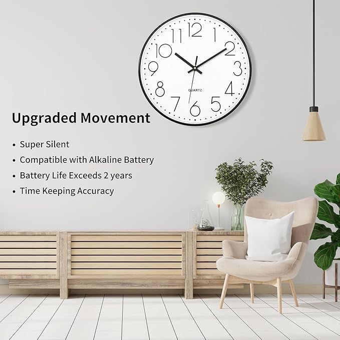 Foxtop 14 Inch Black Wall Clock Large Silent Non-Ticking Battery Operated Round Quartz Modern Wall Clocks Decorative for Living Room Bedroom Home Office