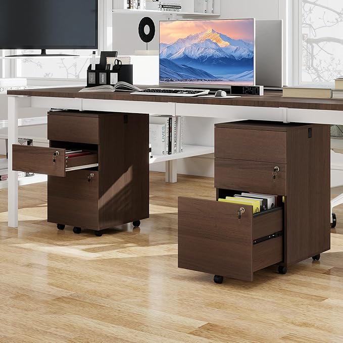 LOKO Mobile File Cabinet with 3 Drawers, Wooden Rolling Filing Cabinet with Lock, Under Desk File Organizer for A4/Letter/Legal Size, for Home Office, Study (Brown)