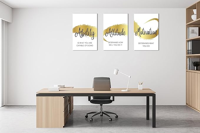 3 Piece Office Canvas Wall Art, Gold Motivational Quotes Canvas Print Pictures Wall Decor for Office, Men Women Inspirational Framed Artwork Home Office Decor 16"x24" x 3 Pcs