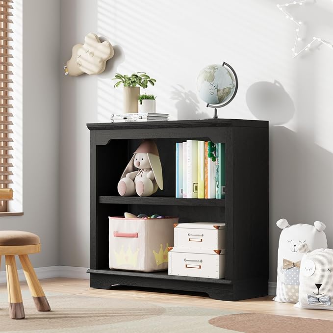 HIFYOBRO 2 Tier Bookshelf, 31.5" Wide Wooden Bookcase, 25.8" Tall Book Shelf, Freestanding Open Display Storage Bookshelves for Study Room, Home Office, Living Room (Black, 2-Shelf)
