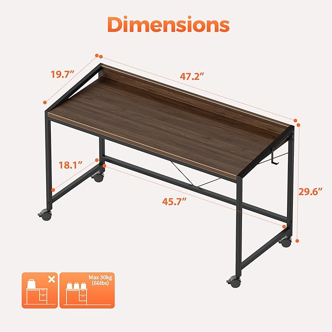 Mericonia 48 inch Rolling Computer Desk with Wheels, Gaming Desk for Small Spaces, Modern Simple Style Table for Home Office, Study Writing Table