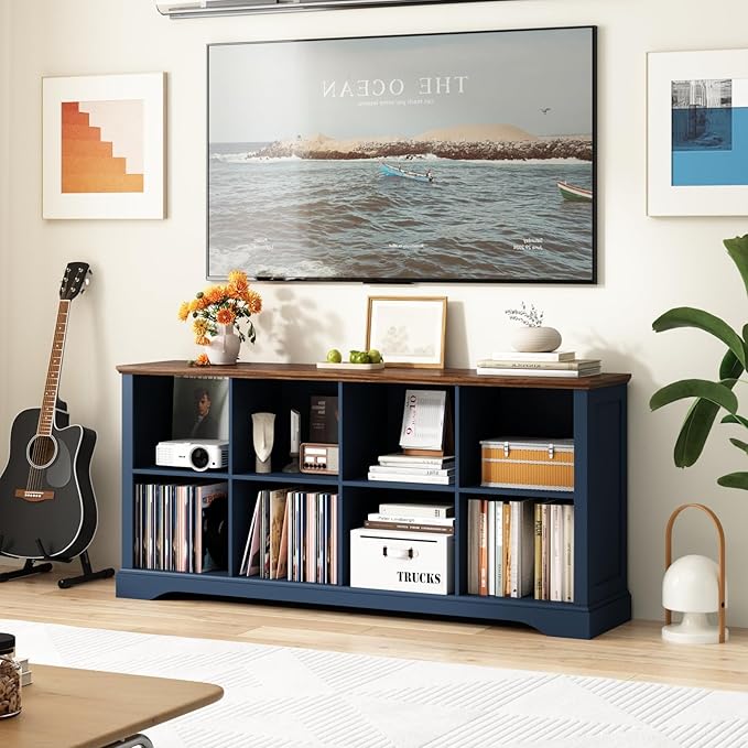 8 Cube Storage Organizer - 62" Long Horizontal Low Bookshelf,Farmhouse Wide Bookcase Open Shelf Wood Cubby Storage Console Cabinet for Living Room, Entryway, Office, Navy Blue