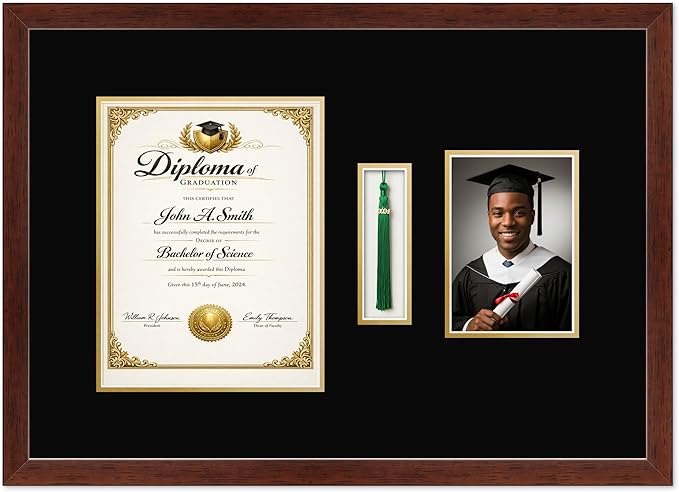 CountryArtHouse Diploma Tassel and Photo Shadowbox Fits 8.5 x 11 Certificate (Portrait) with Tassel Hook an Rustic Walnut Genuine Hardwood with Black Over Metallic Gold Double mat