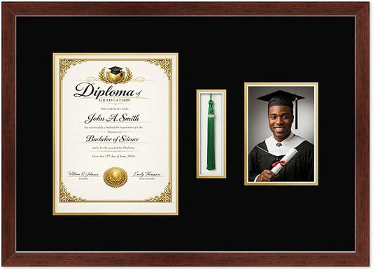 CountryArtHouse Diploma Tassel and Photo Shadowbox Fits 8.5 x 11 Certificate (Portrait) with Tassel Hook an Rustic Walnut Genuine Hardwood with Black Over Metallic Gold Double mat