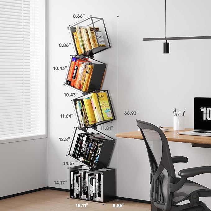 5-Tier Metal Bookshelf – Modern Geometric Narrow Bookcase with Matte Black Finish, Tall Storage Organizer Display Shelf for Living Room, Bedroom, Office, Small Spaces