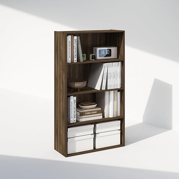 Furinno Simple Book Shelf, 4-Tier Bookshelf, Bookcase with Open Shelf, 9.4 x 23.6 x 41.7, for Living Room, Bedroom, Home Office, Columbia Walnut