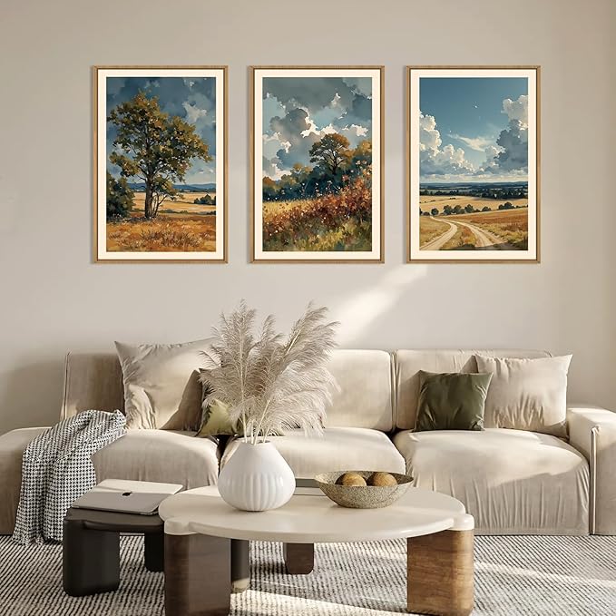 KAIRNE Farmhouse Landscape Wall Art Set of 3, Nature Country Scenery Art Prints, Blue Vintage Watercolor Wall Decor, Rustic Wilderness Paintings for Living Room, Bedroom, Office, 24x36 Inch