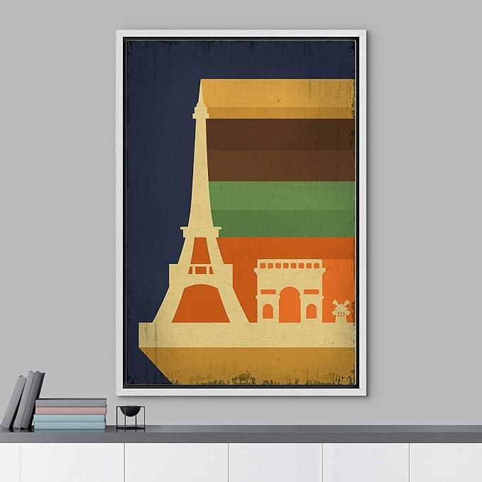 IDEA4WALL Framed Canvas Print Wall Art Retro Vintage French Eiffel Tower Poster Cultural Building Illustrations Modern Art Contemporary Scenic Warm for Living Room, Bedroom, Office - 16"x24" WHITE