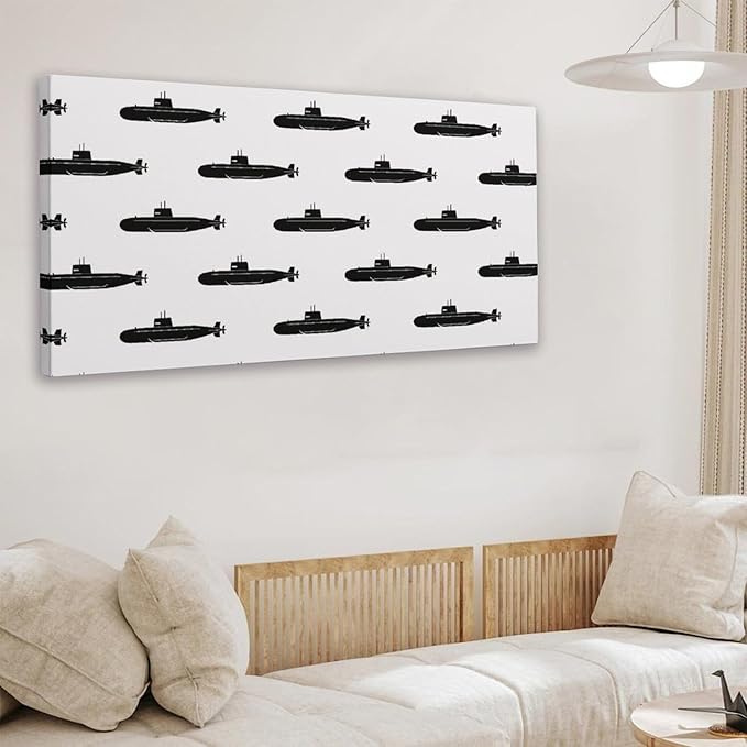 Retro Submarine Framed Canvas Wall Art for Office, Black White Vintage Wall Decor 32" L x 16" W