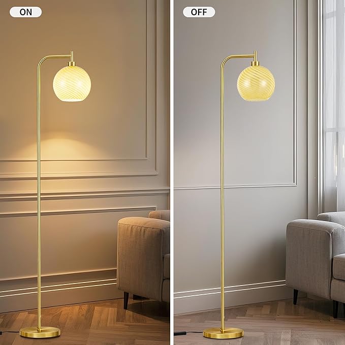 MAYNA Mid Century Modern Floor Lamp, Amber Ribbed Glass Standing Lamp with Built-in Timer Switch, Gold Tall Vintage Lamps for Living Room Bedroom, 2700K LED Bulb Included
