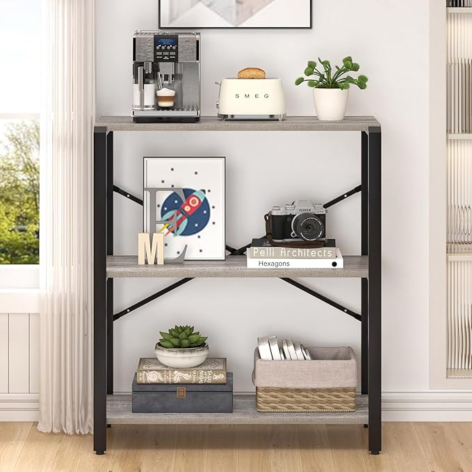 FOLUBAN Small Bookshelf and Bookcase, 3 Tier Low Short Book Shelves, Rustic Wood and Metal Shelving Unit for Small Spaces, Bedroom Living Room, Light Grey