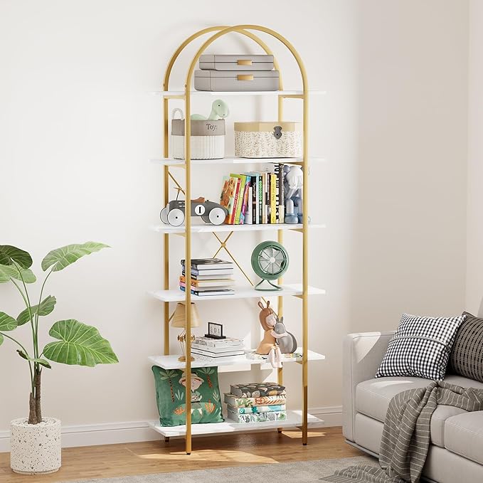 6 Tier Bookshelf, 83" Tall Arched Bookcase, Tall Book Shelf with Metal Frame, Modern Display Standing Shelf for Living Room, Home Office, Bedroom, Gold