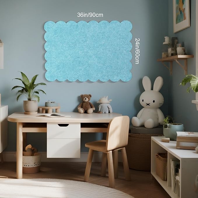 Scalloped Bulletin Board, 36 x 24 Inches Felt Pin Board - Decorative Cork Alternative for Wall, Foldable Picture Self-Adhesive Vision Prayer Board with 20 Pushpins - Turqoise Blue