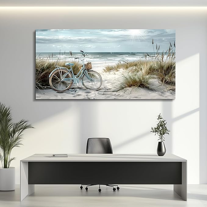 FUHAIHUA Wall Art For Living Room Canvas Decor For Bedroom Modern Office Decorations Blue Beach Bicycle Seascape Paintings Ocean Landscape Pictures Artwork Ready To Hang Home Decor