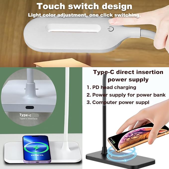 LED Soft Touch Desk Lamp - 3 Brightness Settings with Energy Efficient Natural Daylight LEDs - Adjustable Flexible Neck & Touch Controls (White with adapters ×2)