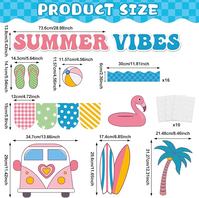 Hello Summer Bulletin Board Set Beach Theme Classroom Bulletin Board Decorations Surfing Tropical Palm Cutouts for Back to School Bus Teacher Supplies Nursery Home Chalkboard Wall Door Decor