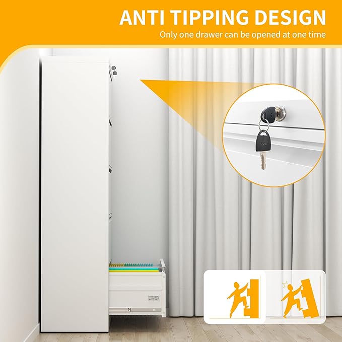 File Cabinet with Lock, 5 Drawer Lateral Filing Cabinet for Home Office, Metal Heavy Duty File Cabinets for Hanging Letter/Legal/F4/A4 Size Files, Assembly Required (White)