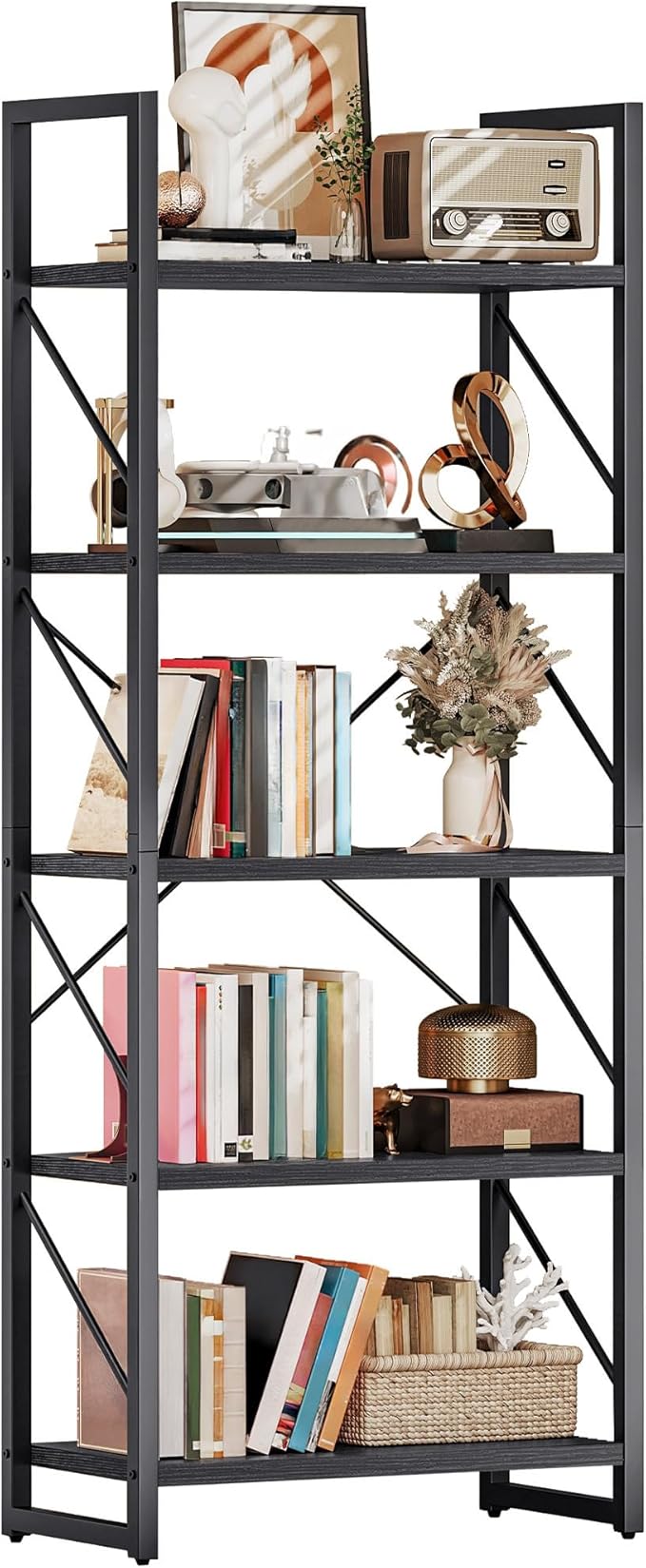 DWVO 5 Tier Bookshelf, Black Bookcase Storage Organizer, Modern Book Shelf Storage Rack Shelves for Bedroom, Living Room, Home Office, Black