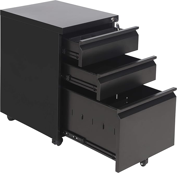 Anwick 3 Drawer Mobile File Cabinet with Lock, Under Desk Metal Filing Cabinet for Legal/Letter/A4 File, Fully Assembled Except Wheels (Black)