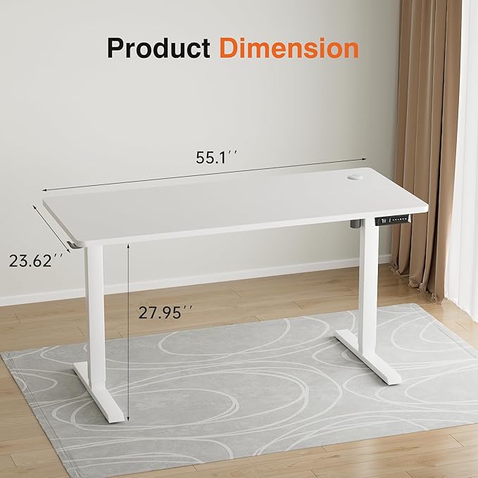 Furmax Electric Standing Desk, 55 x 24 Inches Height Adjustable Desk with Removable Casters, Home Office Computer Desk (White)