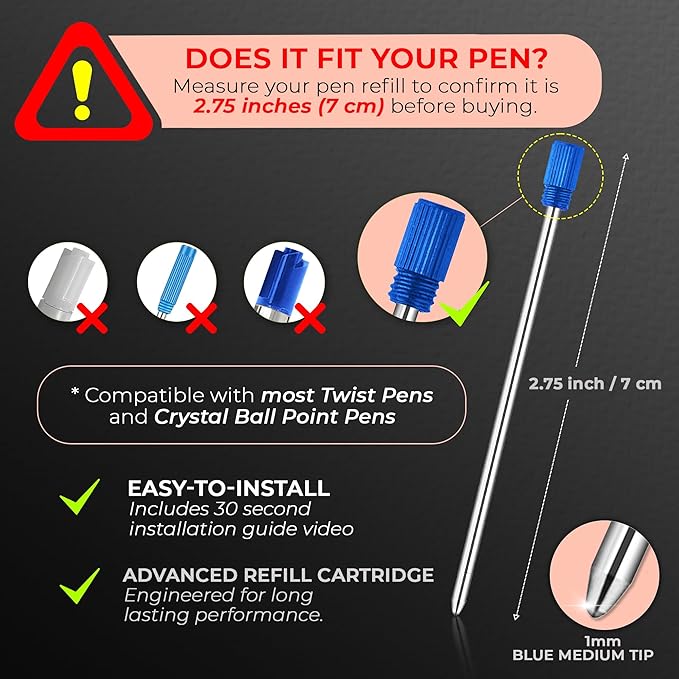 MESMOS Ballpoint Pen Refills 2.75inch (7cm) Pen Refills 1.0mm Medium Tip,Pen Replacement Cartridges Twist Pens and Crystal Ball Point Pens, fits The Mesmos Glorious Pen Set. (Blue Ink)