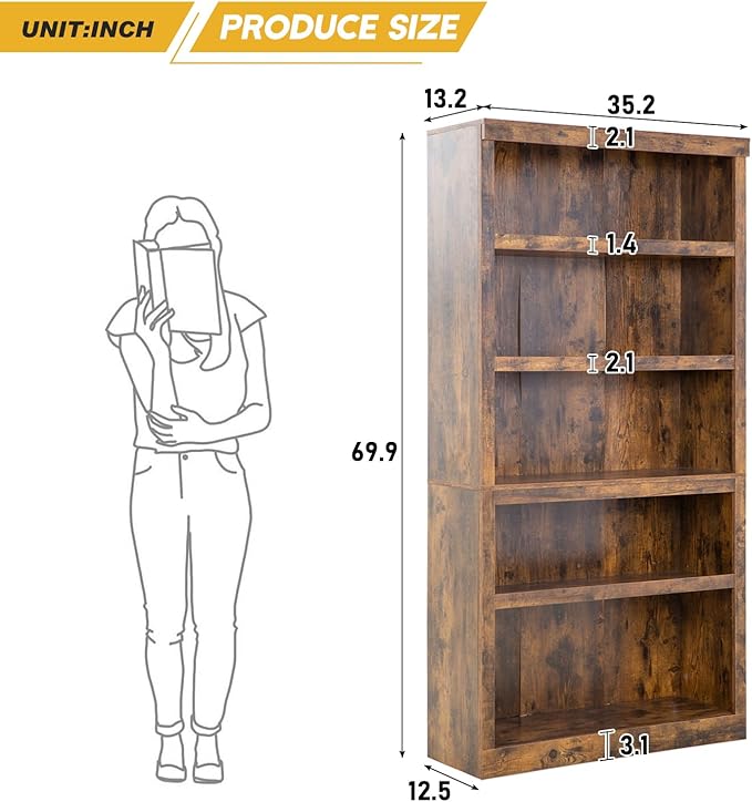 PayLessHere 5-Tier Bookcase Bookshelf Wooden Bookshelf with Thickened Laminates for Living Room, Bedroom, Office Open Storage Shelf Study Bookshelves Book Case
