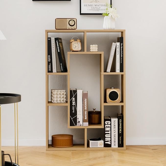 Tangkula 35.5” Geometric Bookshelf, Freestanding Wood Open Bookcase with 7 Cubes, Anti-Toppling Devices, Home Office Décor Rectangular Storage Shelf Display Rack for Study Living Room (1, Natural)