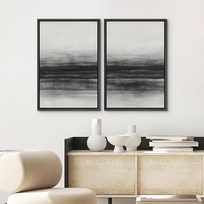 SIGNWIN Framed Canvas Print Wall Art Set Black and Gray Abstract Horizon Modern Minimalist Neutral Illustrations Modern Art Decorative Multicolor for Living Room, Bedroom, Office - 16"x24"x2 Black