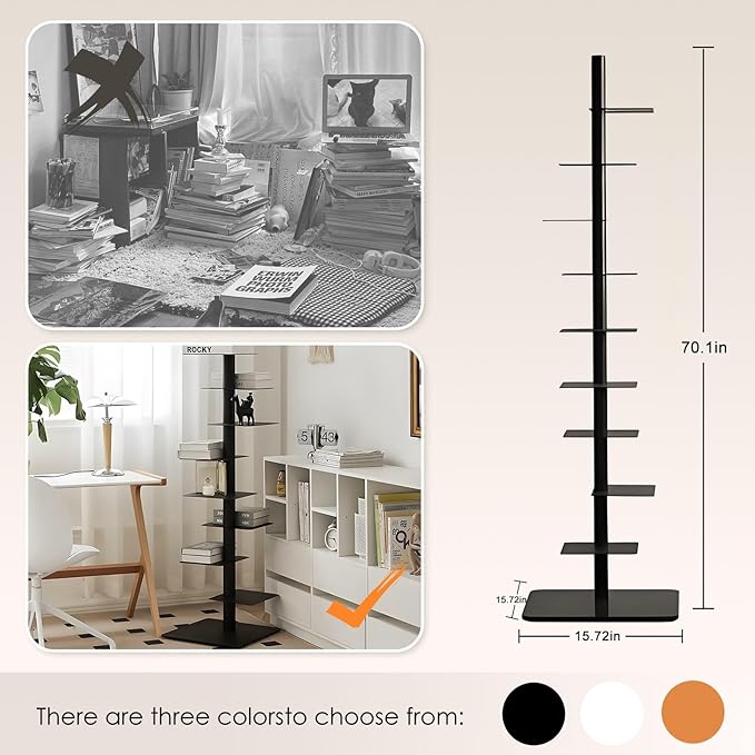 9-Tier Metal Spine Bookshelf - Vertical Tower for Booksfor Small Spaces, Multipurpose Corner Bookshelf, Tall & Narrow Ladder Bookcase, Ideal Book Display for Home or Office (Brown)