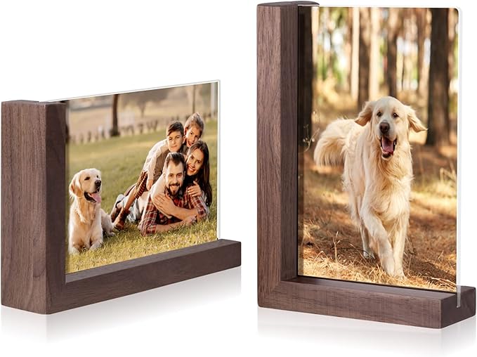 Mixoo 4x6 Picture Frames 2 Pack - Rustic Vintage Wooden Picture Frames 4x6 L-shape Wood Double Side Acrylic Photo Frame Vertical & Horizontal Display for Table Top or Desktop