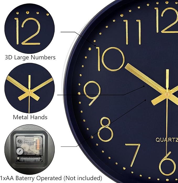 Wall Clock, Silent Wall Clocks Battery Operated 10 Inch- Modern Non Ticking Analog Clock with Large Numerals Tempered Glass Clocks for Bedroom Living Room Kitchen Office Decor, Navy Blue