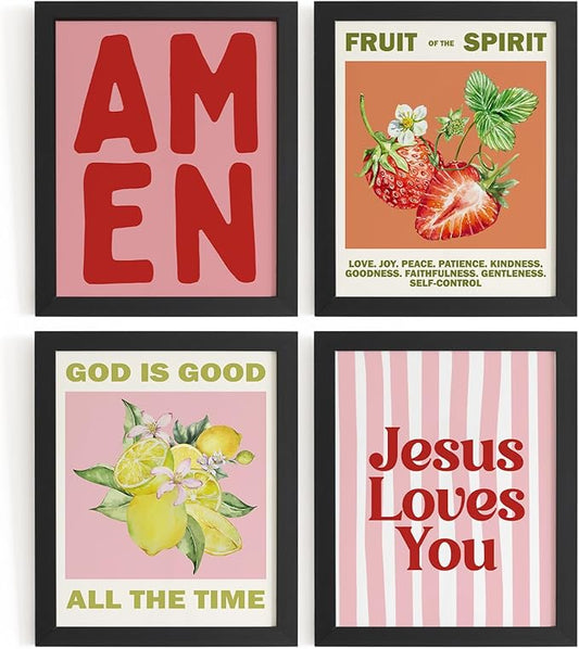 DSHFG Christian Fruits Spirit Bible Verse Wall Art Decor, jesus Loves You Christian Wall Decor for Home Kitchen Bathroom Ofice,Bible Verse Posters Prints Set of 4, 8x10 Unframed