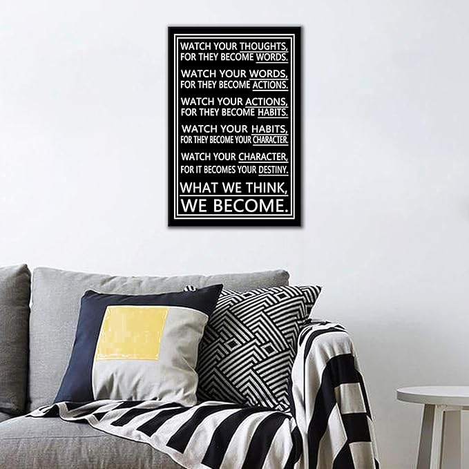 Watch Your Thoughts Motivational Wall Art Inspirational Office Decor Classroom Poster for Men Canvas Prints Artwork for Modern Bedroom Company Gym Picture Painting Stretched and Framed [12''Wx18''H]
