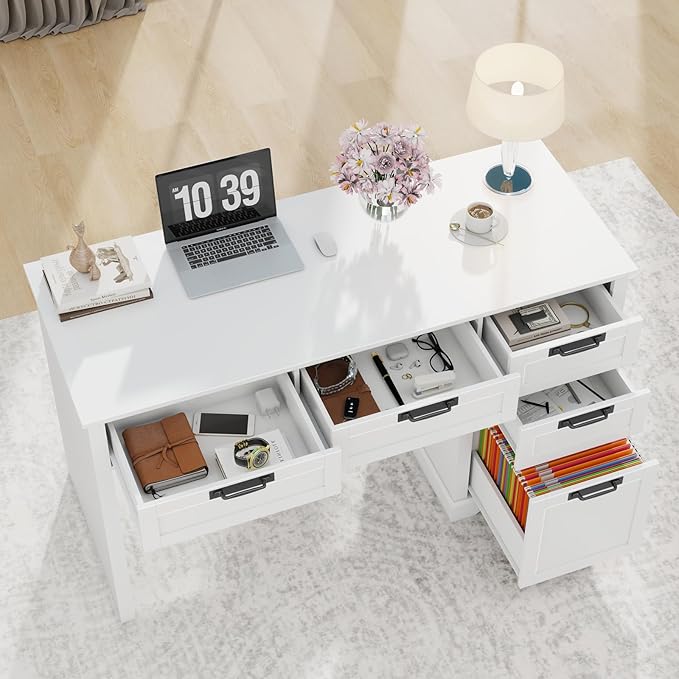 Vabches 55" Farmhouse Home Office Desk with File Drawer, Executive Computer Desk with 4 Storage Drawers, Rustic Computer Desk for Working, Studying, Writing, White