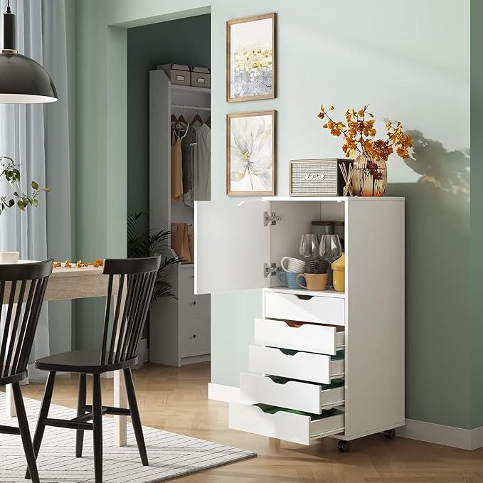 DEVAISE Wood File Drawers, Mobile Office Cabinet with 5 Drawer and 1 Door, Rolling Filing Drawer for Home Office, White