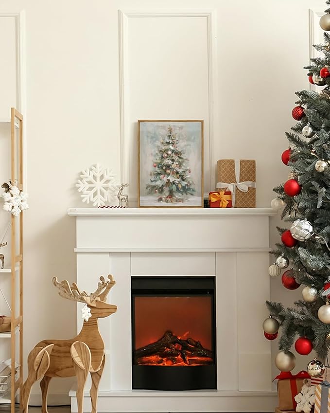 ARPEOTCY Framed Canvas Wall Art, 12x16 Inch Vintage Christmas Tree Print, Holiday Oil Painting Wall Decor for Living Room, Fireplace, or Festive Home Decoration