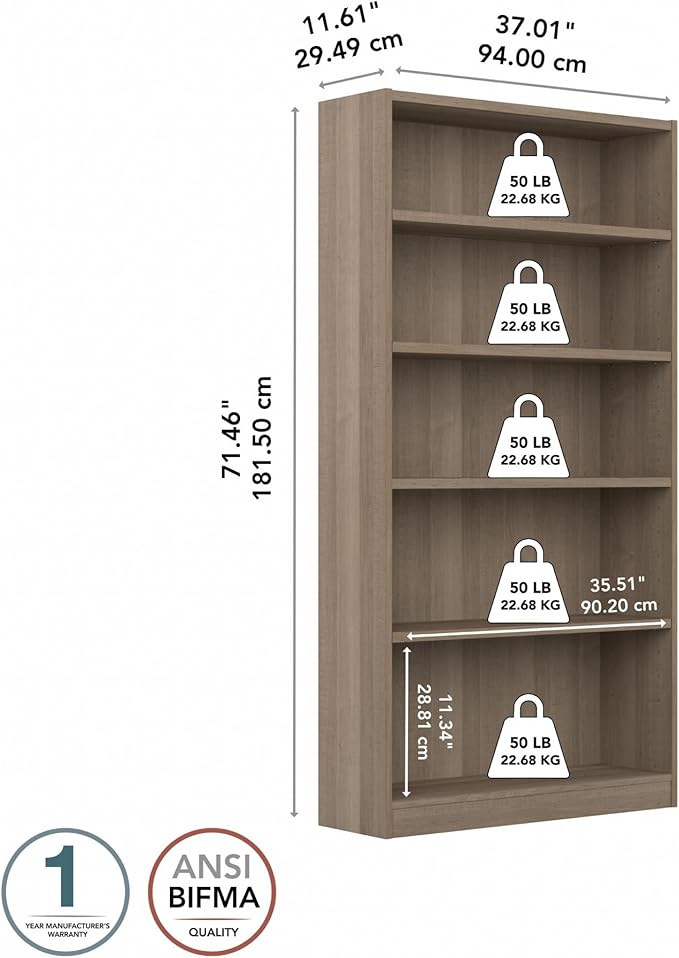 Bush Home Universal Tall 5 Shelf Bookcase in Ash Gray, Vertical Storage and Display Bookshelf for Home Office or Living Room Organization