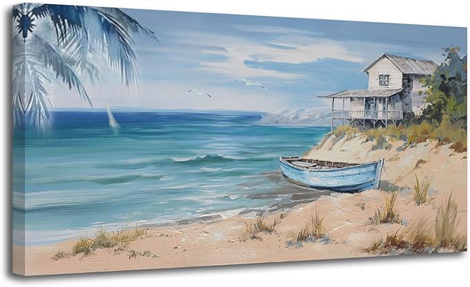 Arjun Blue Coastal Wall Art for Living Room Seascape Beach Painting Bedroom Wall Decor Ocean Picture Large Artwork Home Office Wall Decor, 48"x24"