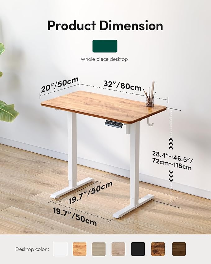 CubiCubi 32 x 20 Small One-Piece Standing Desk, Adjustable Height Electric Computer Home Office Sit Stand up Workstation, with 4 Memory Presets, Headphone Hook, Light Rustic