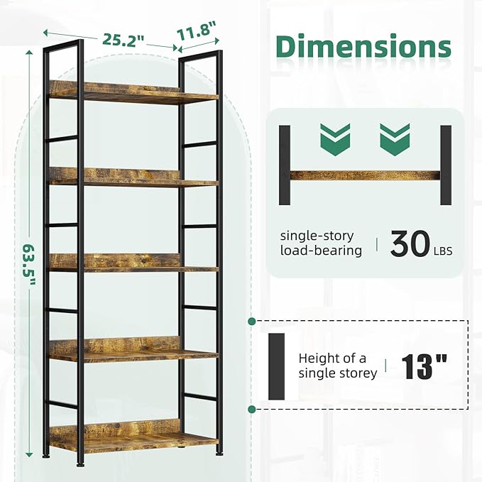 Bookshelf, 5 Tier Industrial Bookcase, Vertical Tall Bookshelf, Wood and Black Metal Open Shelves, Farmhouse Storage Rack for Living Room, Home Office, Bedroom, Rustic Brown