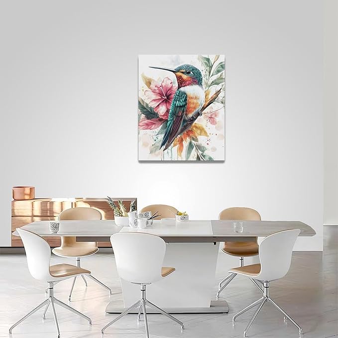 Watercolor Hummingbird Wall Art Country Flower Bird Pictures Wall Decor Colorful Canvas Painting Modern Home Artwork Decorations for Bathroom Bedroom Living Room Office Framed 16"x20"