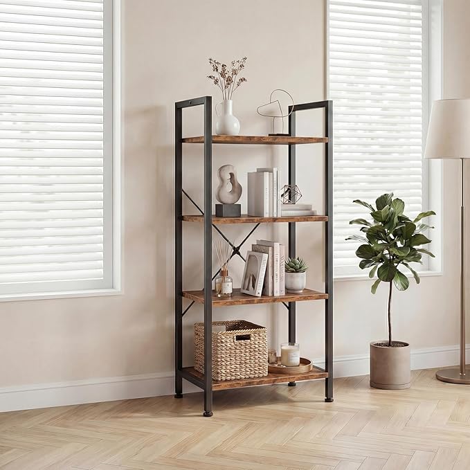 DUMOS 4 Tiers Bookshelf, Classical Book Shelf, Tall Display Shelves in Living Room/Home/Office, Storage Organizer for CDs/Books/Movies, Brown
