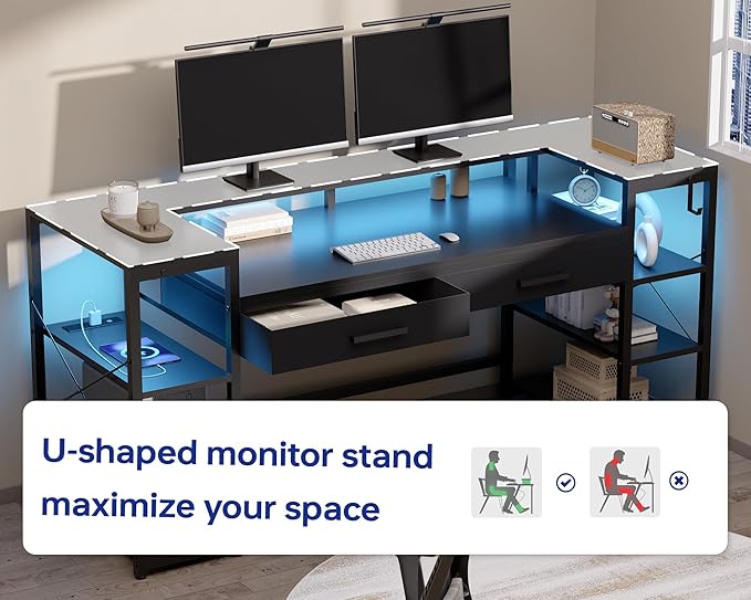 Pamray 58 Inch Computer Desk with Monitor Stand and Shelves Gaming Desk with LED Lights & Power Outlets PC Vanity Table with 2 Drawers for Home Office Grey
